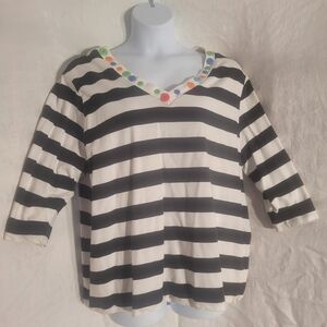 Onque Woman Black and White Striped Top with Colorful Accents